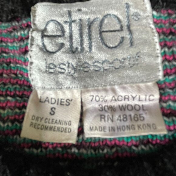 Etirel Vintage Ski Sweater Womens S Black Pink Green Snowflake Retro 80s Wool - Picture 2 of 7